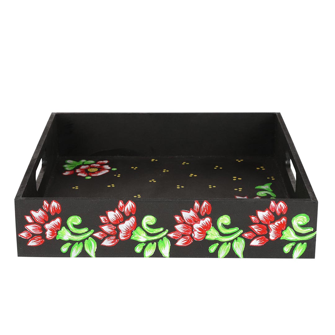 Black Square Tray With Floral Design