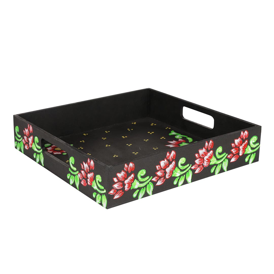 Black Square Tray With Floral Design