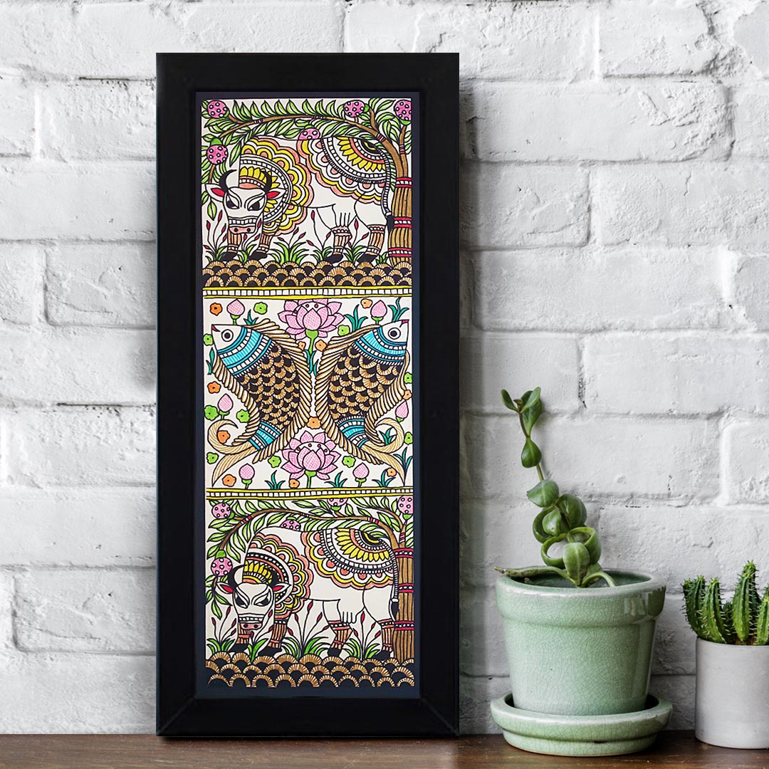 Fish With Cow Madhubani Painting | Cow Painting | Madhubani Cow | Adikala Craft Store | Craft | Art Craft | Painting | Tree of Life | Decoration  | Wall Painting | Wall Art | Wall Design | Design