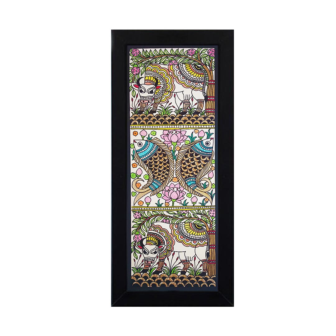 Cow With Fish Pair Madhubani Painting | Madhubani Paintings | Paintings | Fish pair  |  Cow With Fish | Wall Art | Home  Decoration |  Art Craft | Decoration Craft | indian Home | Decoration | Project Making | online Art  | Design | Beautiful | Adikala | Adikala Craft Store