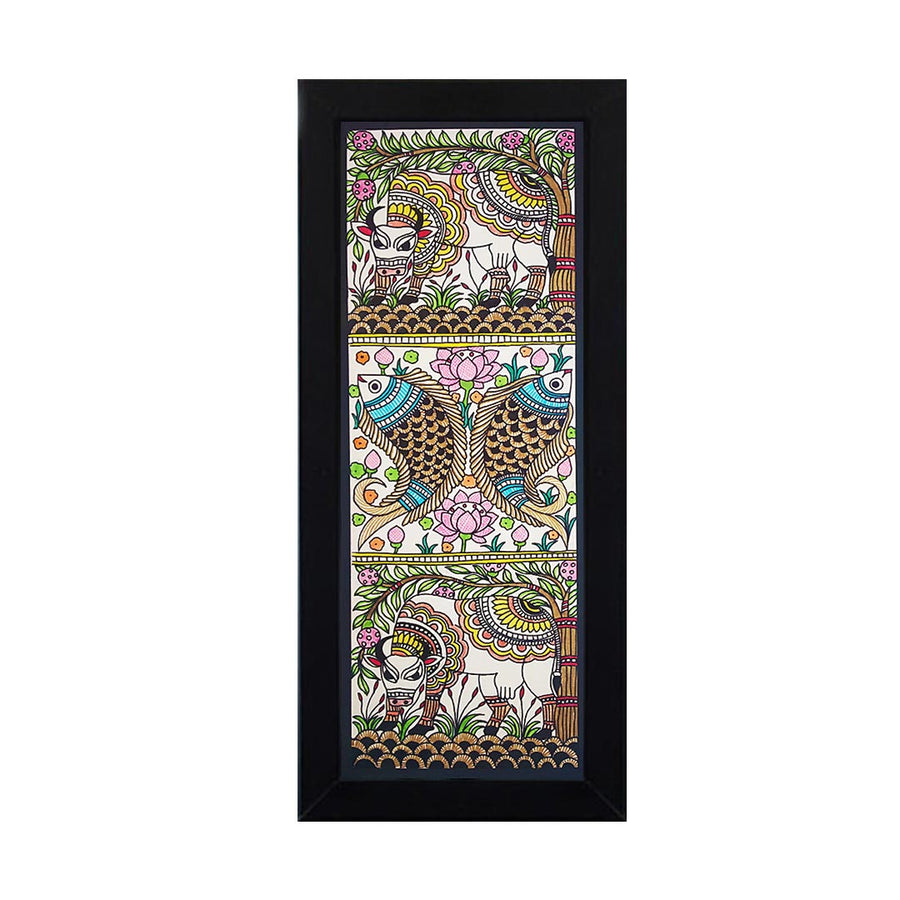 Cow With Fish Pair Madhubani Painting | Madhubani Paintings | Paintings | Fish pair  |  Cow With Fish | Wall Art | Home  Decoration |  Art Craft | Decoration Craft | indian Home | Decoration | Project Making | online Art  | Design | Beautiful | Adikala | Adikala Craft Store