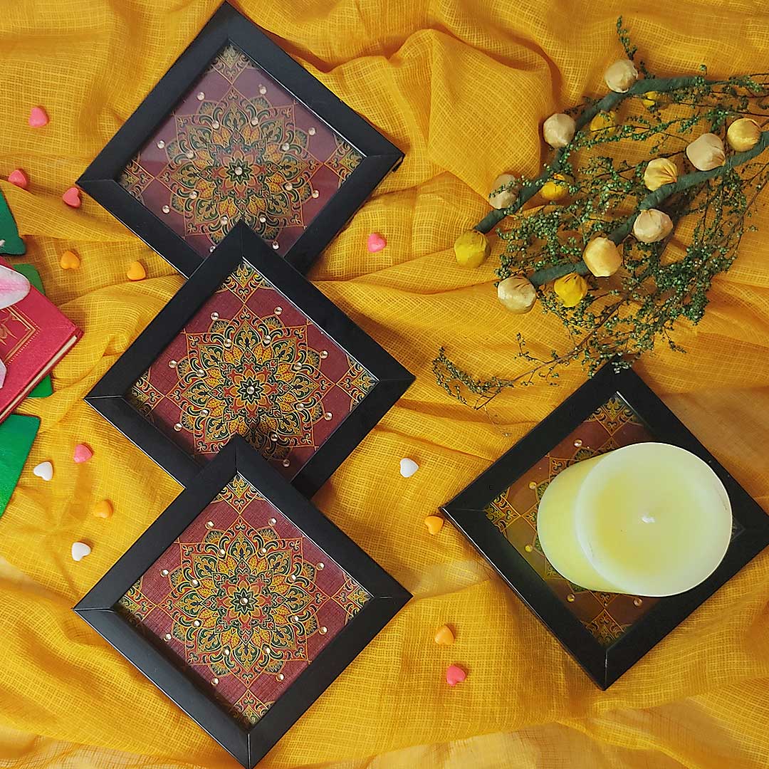 Maroon & Golden Mandala Coaster Set Of 4