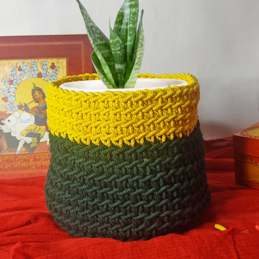 Dark Green & Yellow Hand Weaved Cotton Planter Multi Storage Basket |  Yellow Hand Weaved Cotton Planter Multi Storage Basket | Dark Green | Cotton Planter | Adikala Craft Store | Art Craft | Pots | Decoration | Hand Weaved 