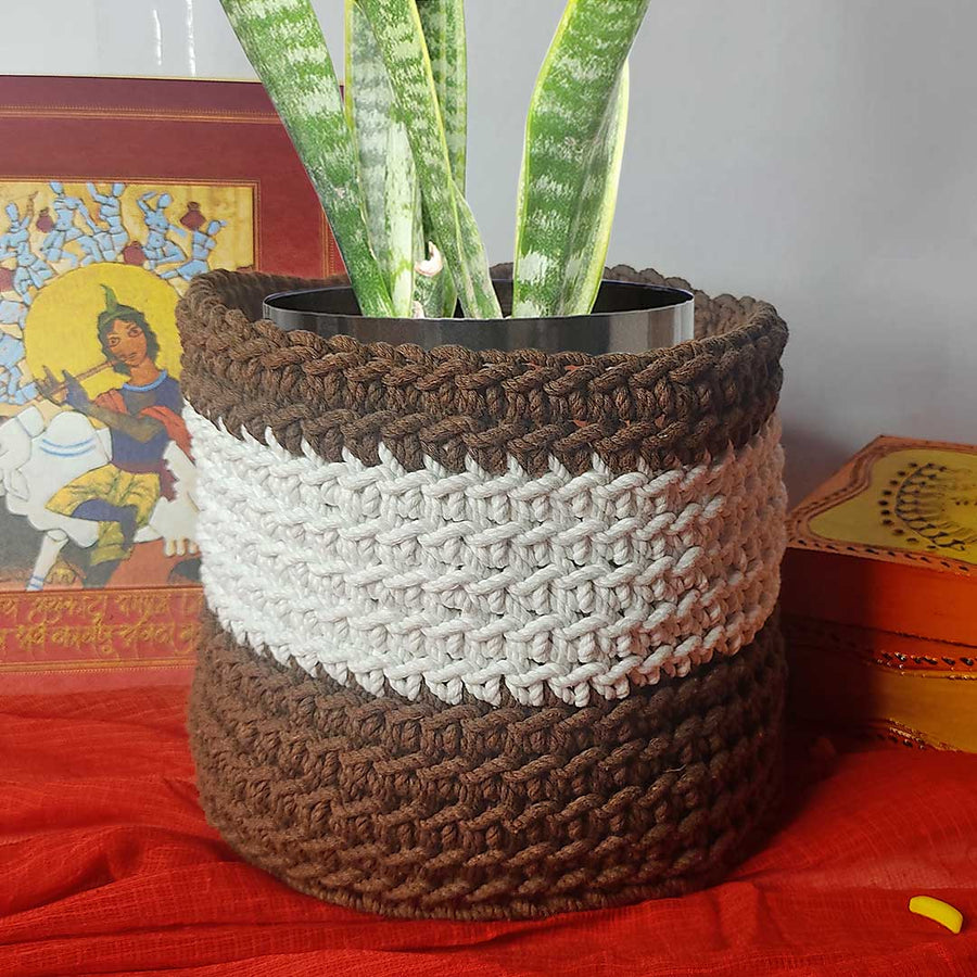 Brown & White Hand Weaved Cotton Planter Multi Storage Basket | Brown | White Hand Weaved Cotton Planter Multi Storage Basket | Adikala  Craft Store | Home Decoration | Pots 