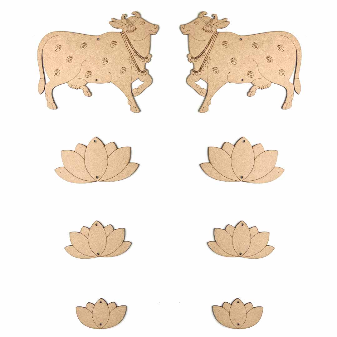 Engraved Mdf Cutout Of Pichwai Cow & Lotus Set of 8 | pichwai cow |  MDF | cutouts | canvas  | Decoration | Indian Art | Wall Art | Engraved Design | Cutouts | Art | Art Craft | Adikala Craft Store  