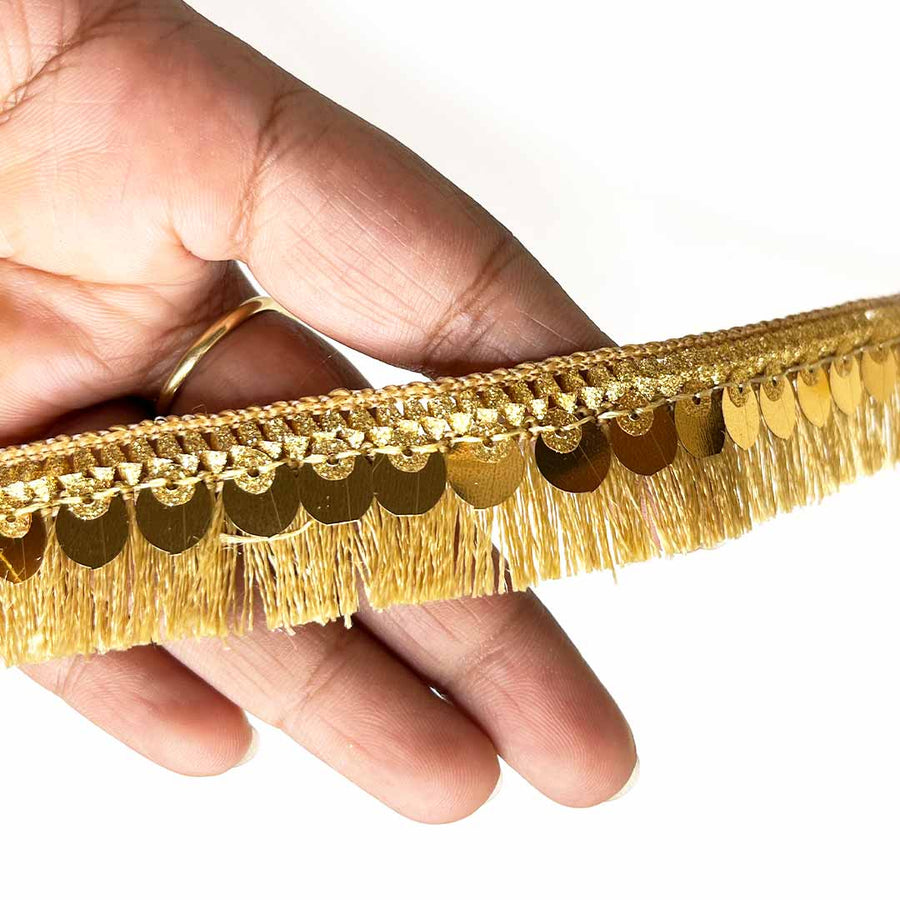 Golden Zari Tassel Fringe Sequence Lace & Border - ( 9mtr ) | Golden Zari Tassels Fringe Sequence lace | Lace & Border | Adikala Craft Store | Art Craft | Decoration | Laces Collection | Border Collection | Craft Making