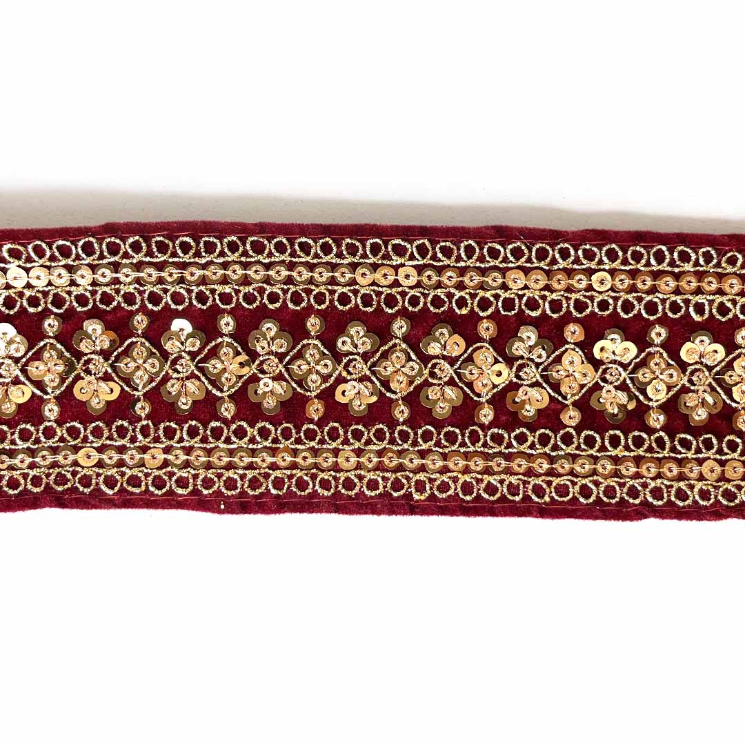 Maroon Velvet With Golden Zari Embroidered Border- ( 9mtr, Design_2 ) | Maroon Velvet With Golden Zari | Adikala Craft Store | Art Craft | Decoration | Laces Collection | Border Collection | Craft Making