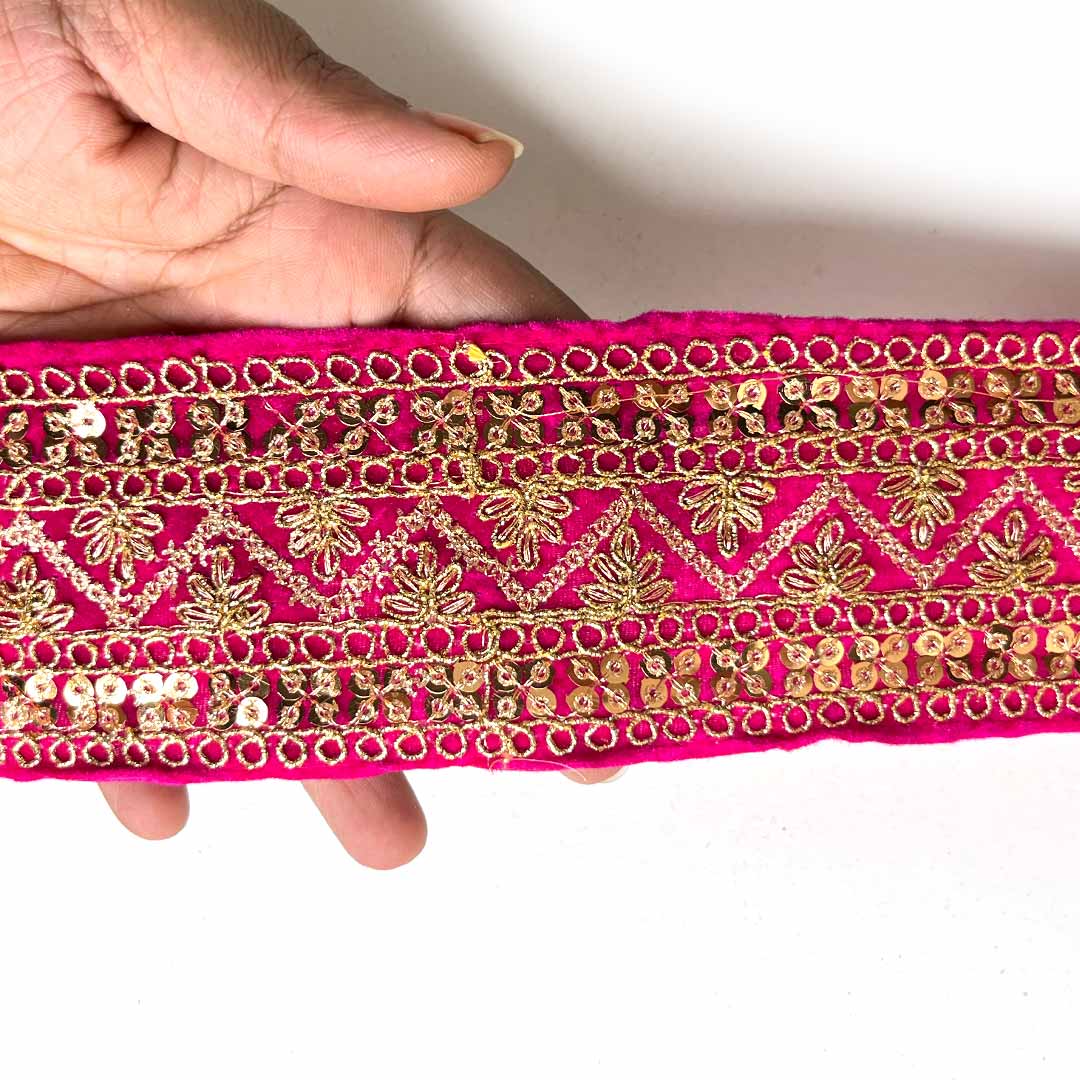 Rani Pink Velvet With Golden Zari Embroidered Border- ( 9mtr, Design_1 ) | Rani Pink Velvet With Golden Zari | Adikala Craft Store | Art Craft | Decoration | Laces Collection | Border Collection | Craft Making