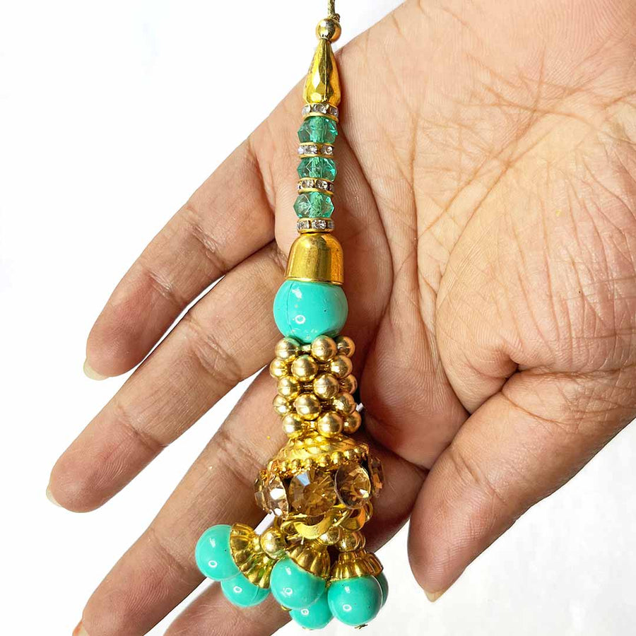 Firozi Color Glass Beads | Jarkan Work | Beads | Cones With Latkan | Latkan Hanging Tassels | Set Of 2 | Zari | Art Craft | Decoration Craft | indian Home | Decoration | Project Making | online Art | Design | Beautiful | Adikala | Adikala Craft Store