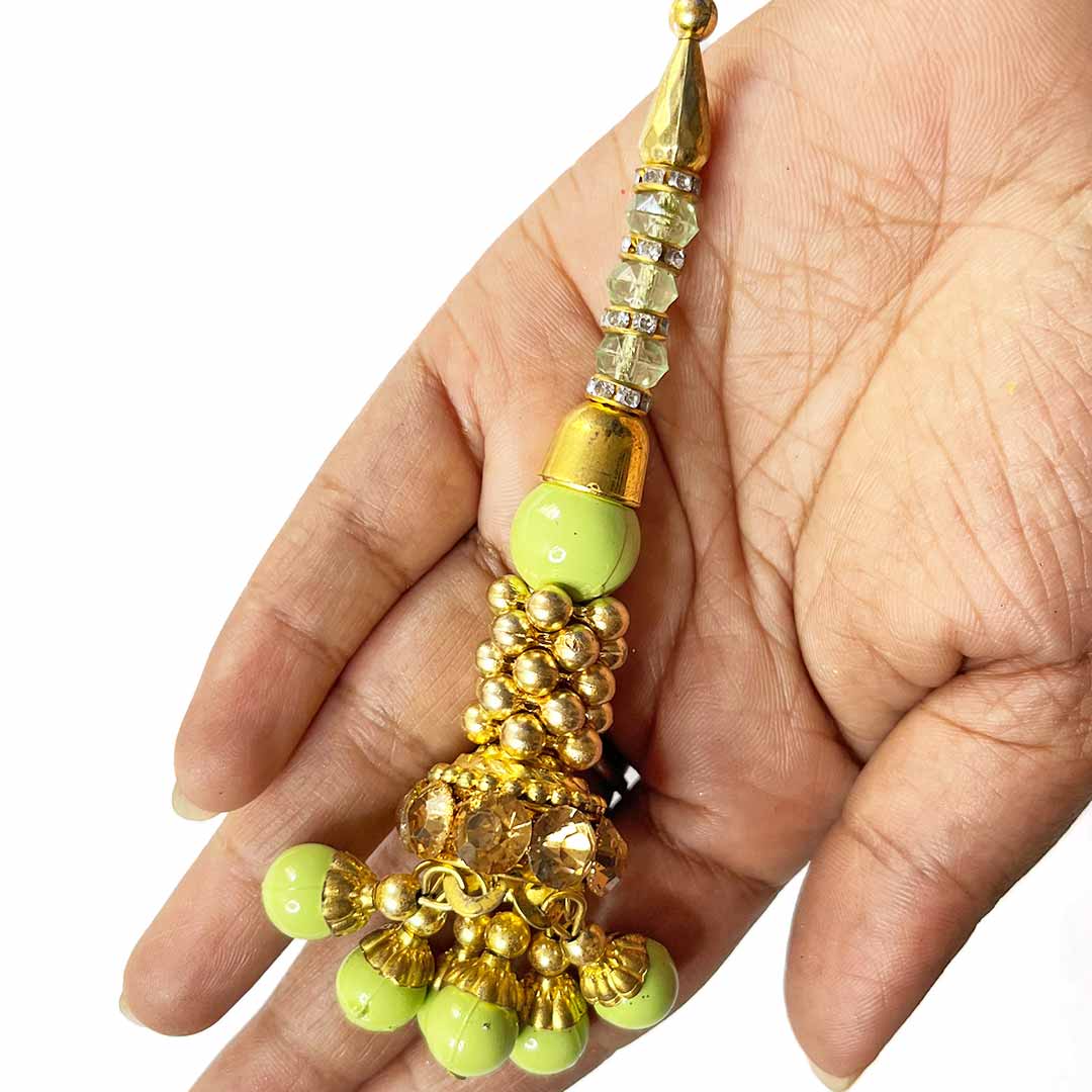 Light Green  Color Glass Beads | Jarkan Work | Beads | Cones With Latkan | Latkan Hanging Tassels | Set Of 2 | Zari | Art Craft | Decoration Craft | indian Home | Decoration | Project Making | online Art | Design | Beautiful | Adikala | Adikala Craft Store