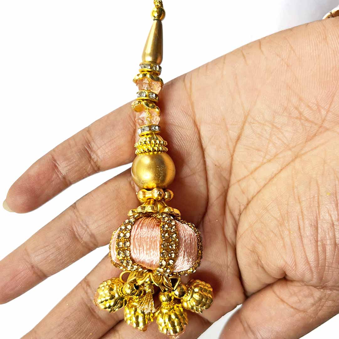 Peach silk Color Glass Beads | Jarkan Work | Beads | Cones With Latkan | Latkan Hanging Tassels | Set Of 2 | Zari | Art Craft | Decoration Craft | indian Home | Decoration | Project Making | online Art | Design | Beautiful | Adikala | Adikala Craft Store