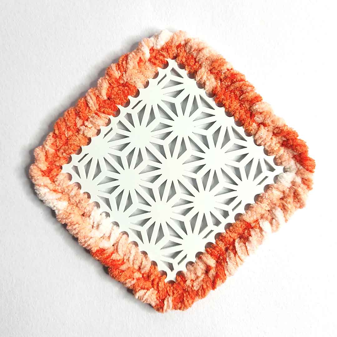 Peach & White Soft Yarn Hand Weaved Square Acrylic Coaster Set of 4