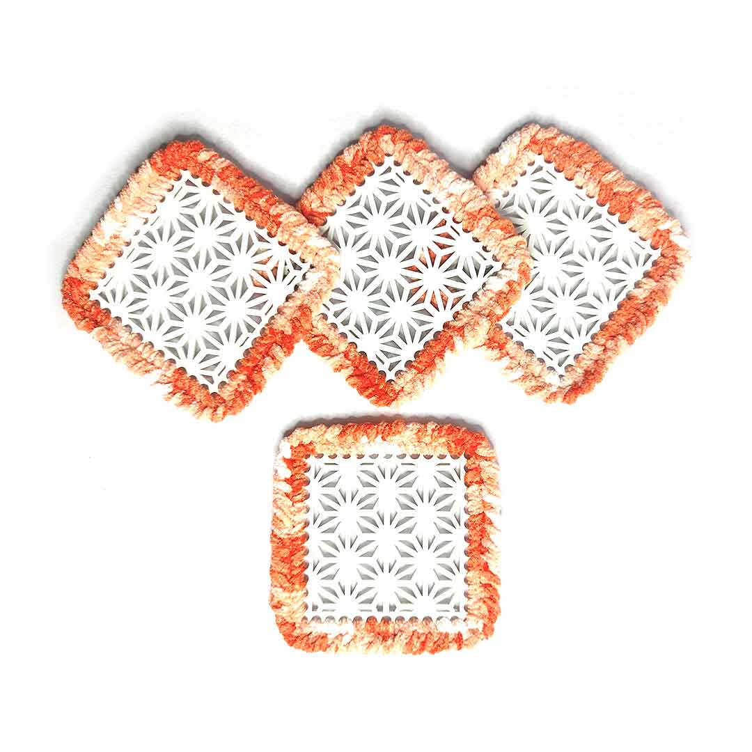 Peach & White Soft Yarn Hand Weaved Square Acrylic Coaster Set of 4