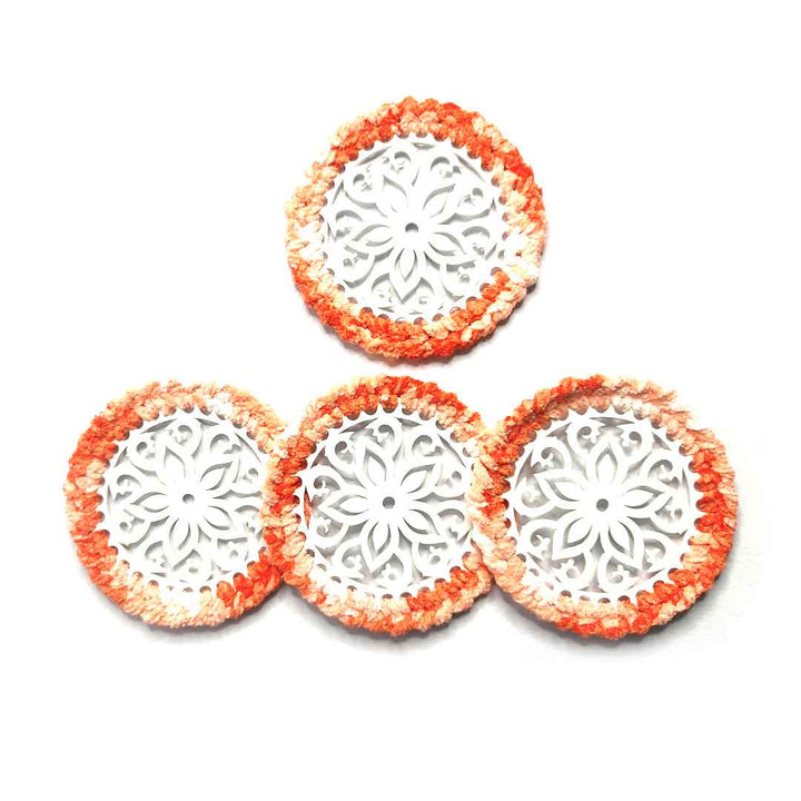 Peach & White Soft Yarn Hand Weaved Acrylic Coaster Set of 4