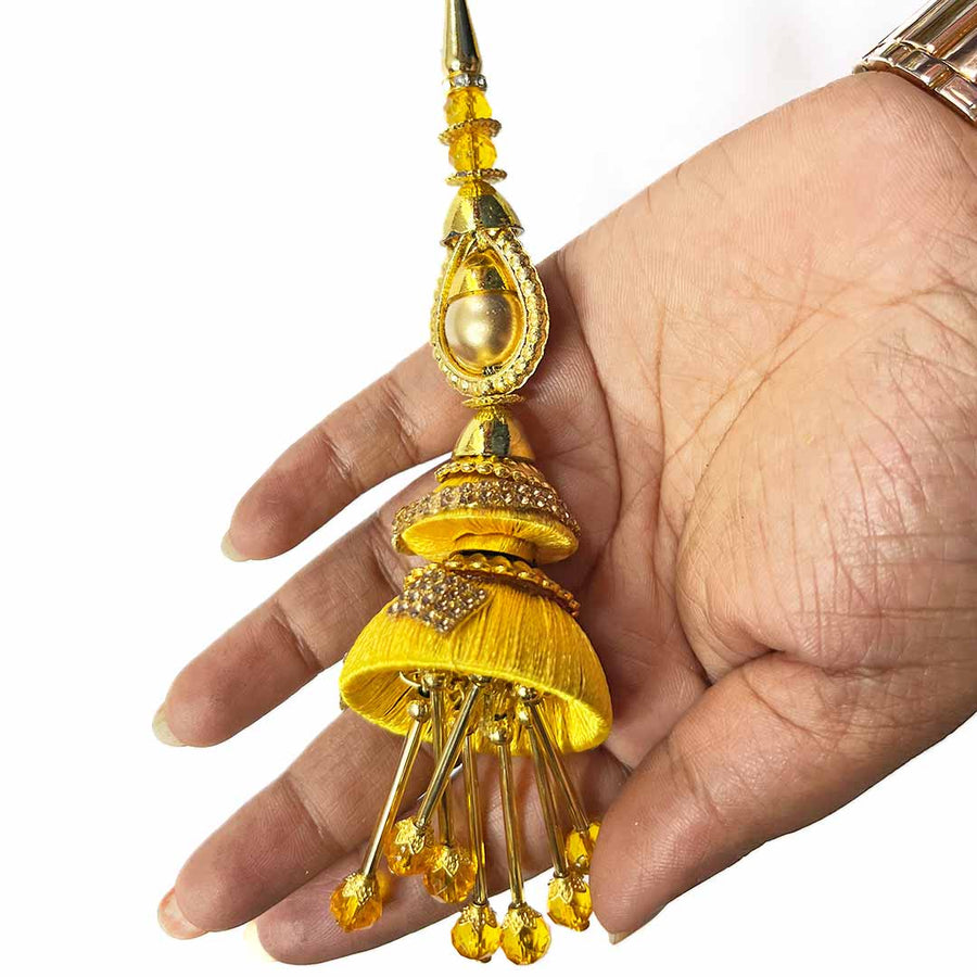 Yellow  Silk Thread Cone | cone With Glass Pipe | pipe Ethenic Work | latkan | hanging Set of 2 | Ethenic Work | Art Craft | Decoration Craft | indian Home | Decoration | Project Making | online Art | Design | Beautiful | Adikala | Adikala Craft Store