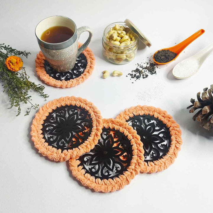 Peach Soft Yarn Hand Weaved Acrylic Coaster Set of 4