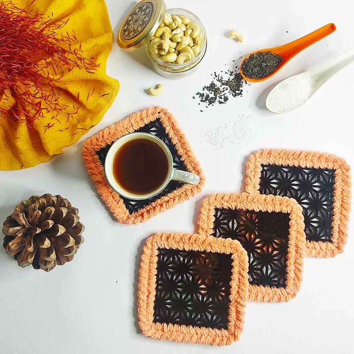 Peach Soft Yarn Hand Weaved Square Acrylic Coaster Set Of 4