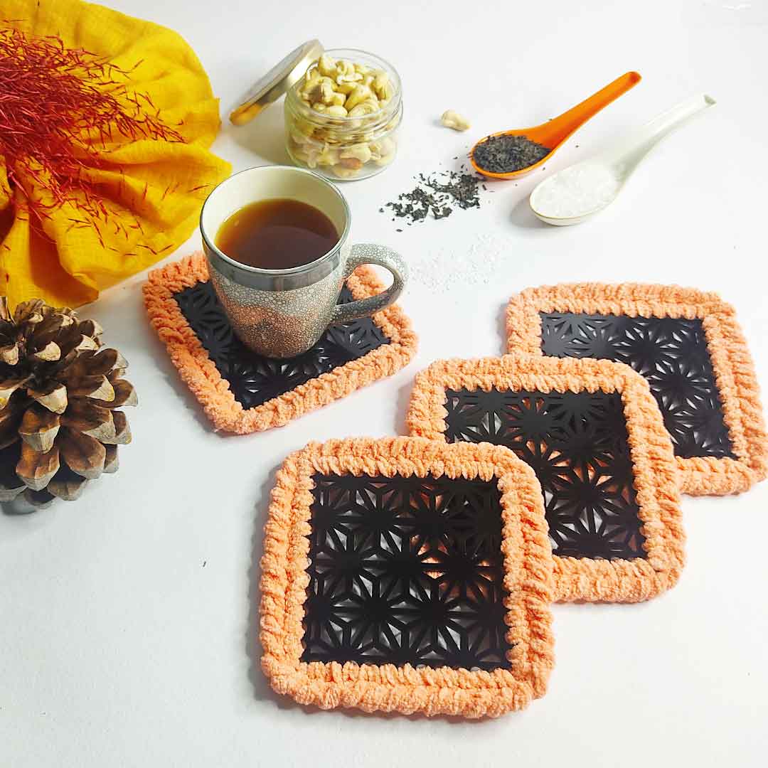 Peach Soft Yarn Hand Weaved Square Acrylic Coaster Set Of 4