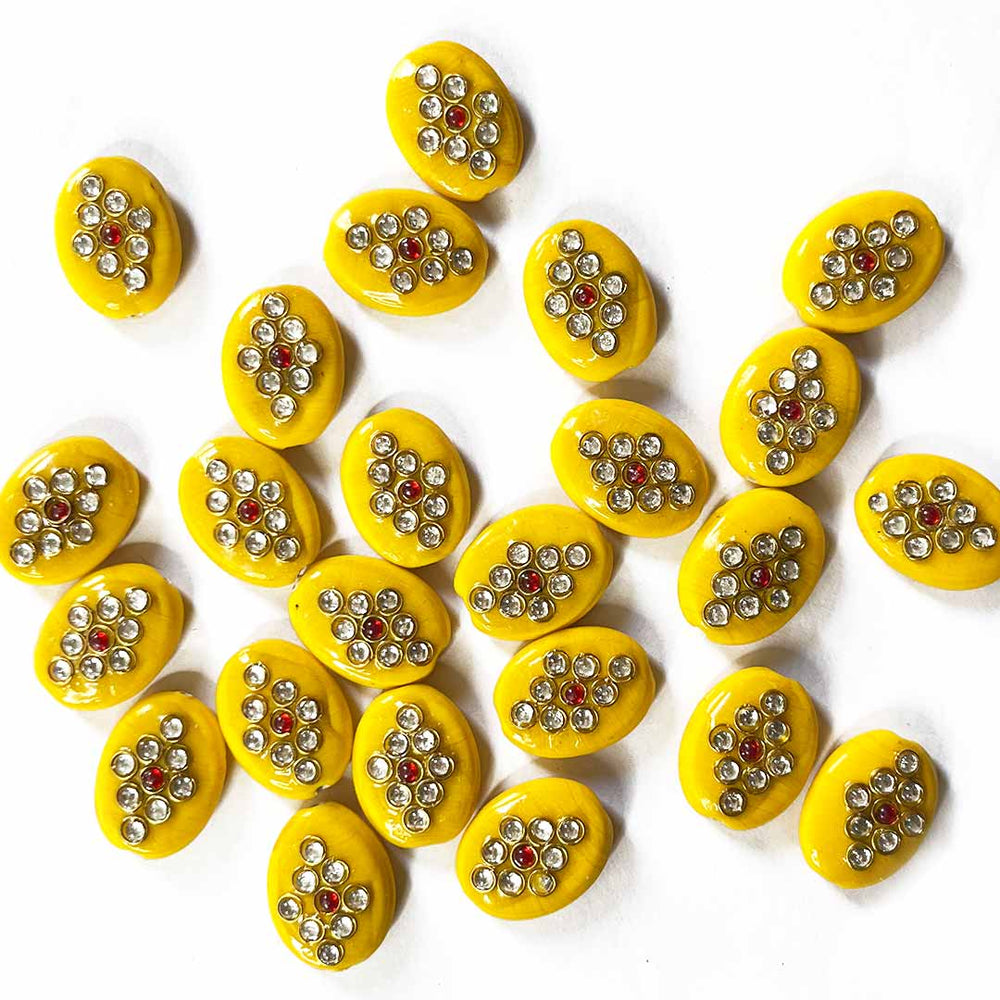 yellow Color Oval | Oval Shape Beads | Beads With Kundan | Kundan Work Pack Of 6 | Art Craft | Decoration Craft | indian Home | Decoration | Project Making | online Art | Design | Beautiful | Adikala | Adikala Craft Store