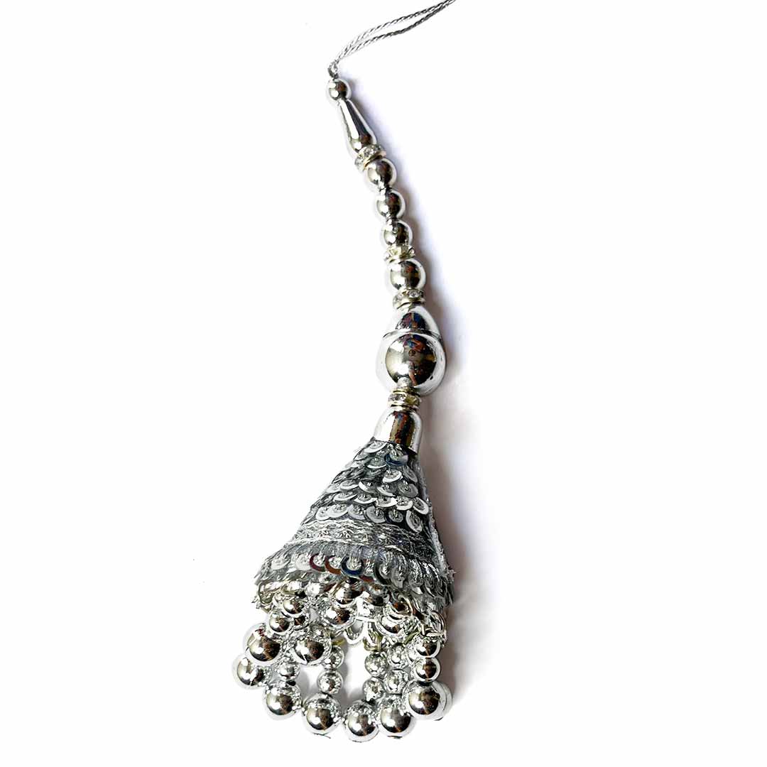 Silver Color Cone Style Ethnic Work Latkan Hanging Set Of 2