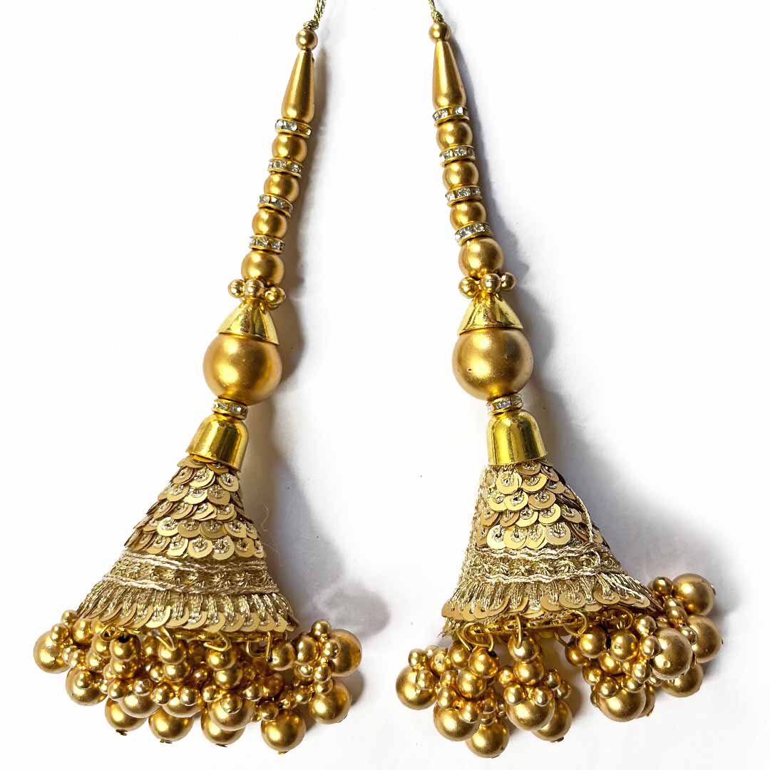 Golden Color Cone Style | Cone Style Ethenic Work Latkan | Latkan | latkan Hanging Set of 2 | Latkan | Tassels | Golden Color | Traditional Style | Art Craft | Decoration Craft | indian Home | Decoration | Project Making | online Art | Design | Beautiful | Adikala | Adikala Craft Store