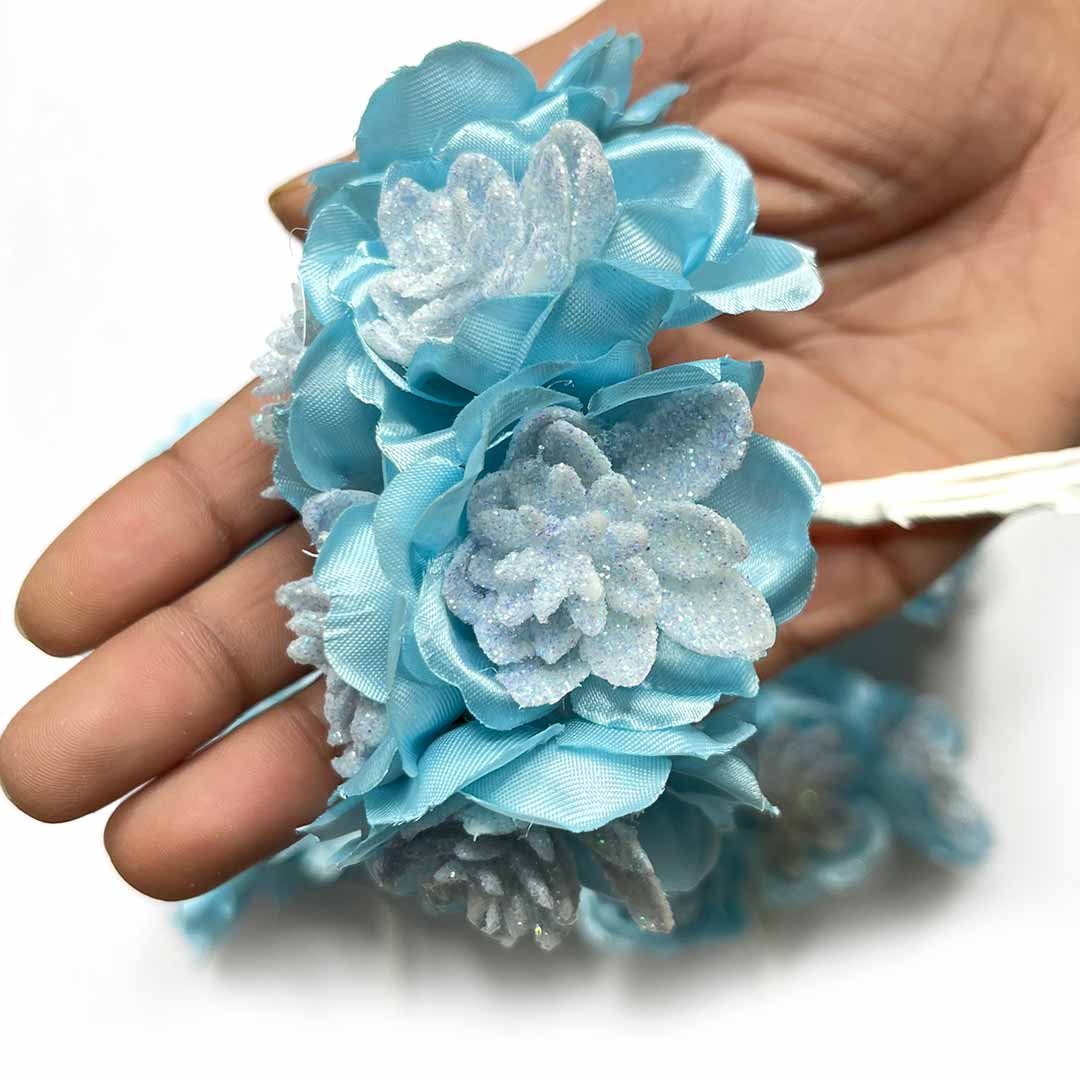 Sky Blue Color Satin With Glitter Flower Bunch 2 Of 12 PCS. – Adikala ...