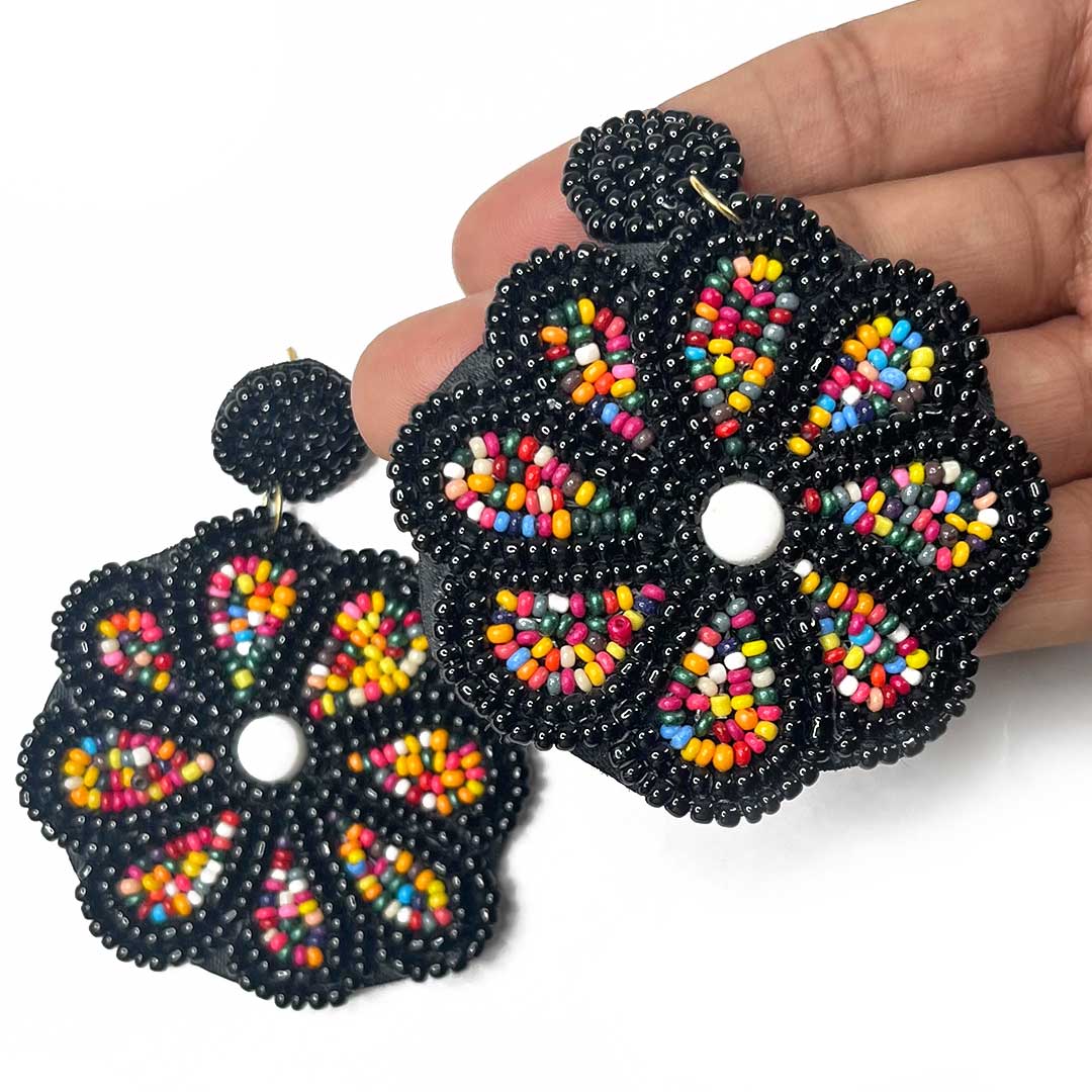 Black & Multi Color Flower Shape Earrings