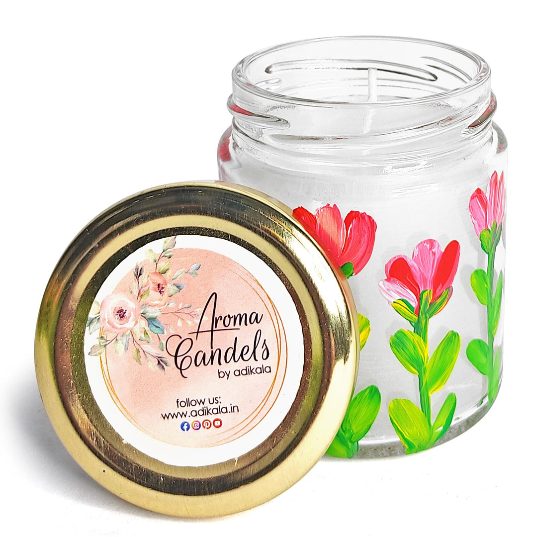 Hand-painted Pink & White Tulip Flowers On Glass Jar Aroma Candle | Hand-painted Pink | White Tulip Flowers | Glass Jar Aroma Candle | Adikala Craft Store | Art Craft | Candles