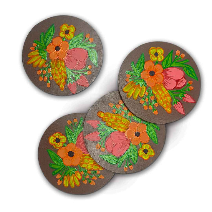 Floral Designed Set Of 4 Hand Painted Coasters