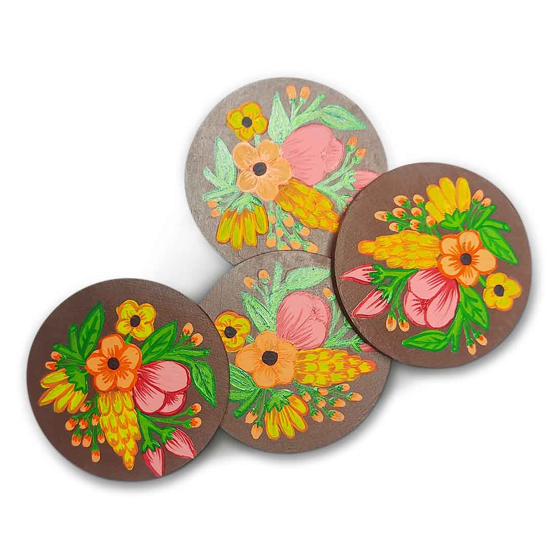 Floral Designed Set Of 4 Hand Painted Coasters