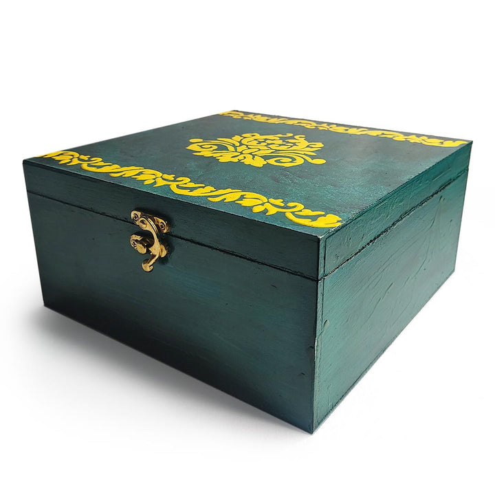 Turquoise Green Velvet Textured With Embossed Design Pinewood Multipurpose Box