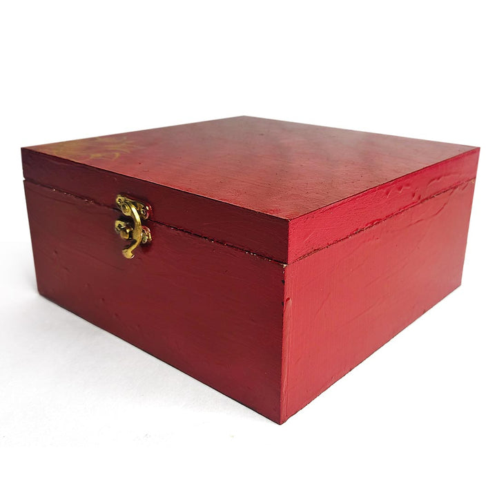 Gold Lotus Flower On Maroon Textured Design Pinewood Multipurpose Box