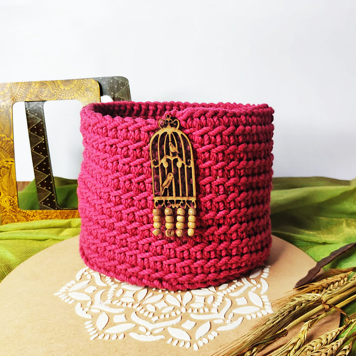 Magenta Hand Weaved Cotton Planter Multi Storage Basket |  Magenta Hand Weaved Cotton Planter | Adikala craft Store | Art Craft | Decoration | Pots | Planter 