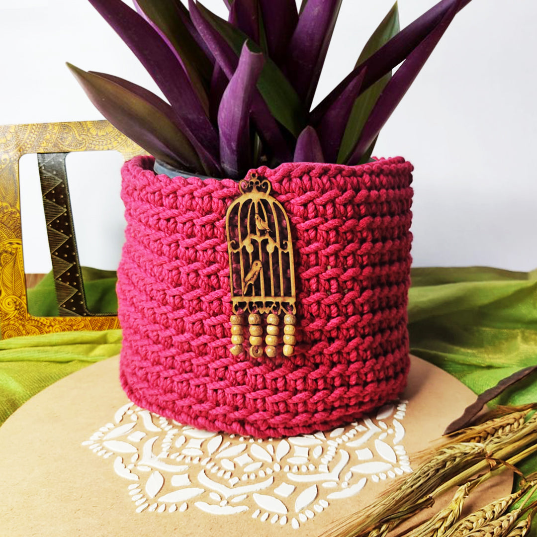 Magenta Hand Weaved Cotton Planter Multi Storage Basket |  Magenta Hand Weaved Cotton Planter  |  Planter | Cotton Planter | Weaved Cotton Multi Storage Basket  | Adikala  Craft Store | Decoration 