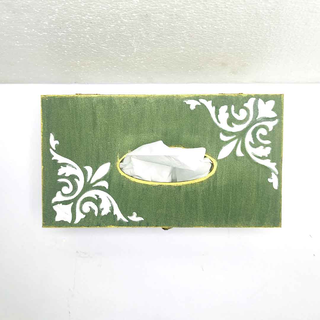 Olive Green & White Embossed Textured Tissue Box