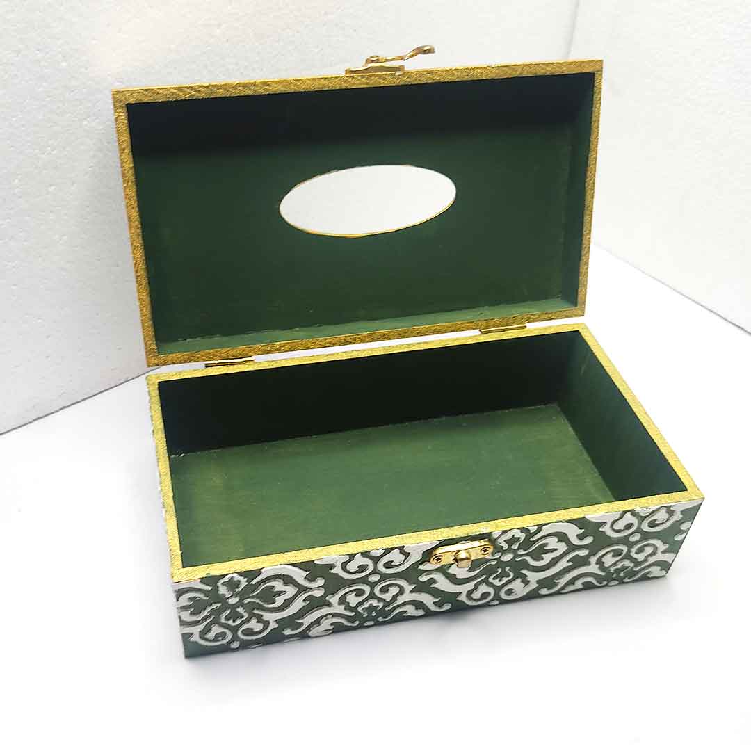 Olive Green & White Embossed Textured Tissue Box