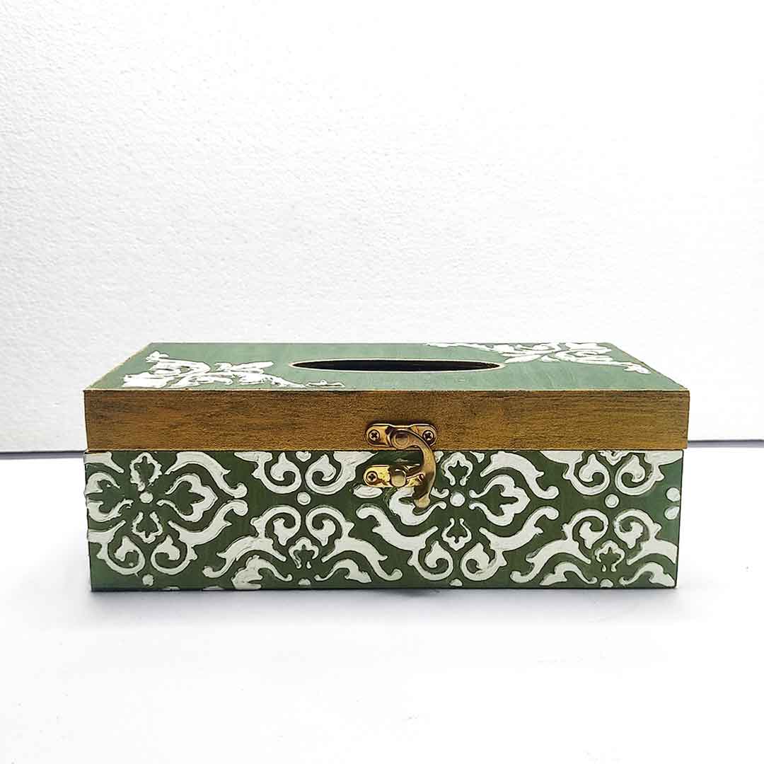 Olive Green & White Embossed Textured Tissue Box